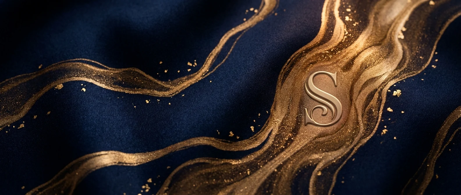 A dark blue fabric with swirling gold marbling and a golden letter 'S' creates an abstract pattern.