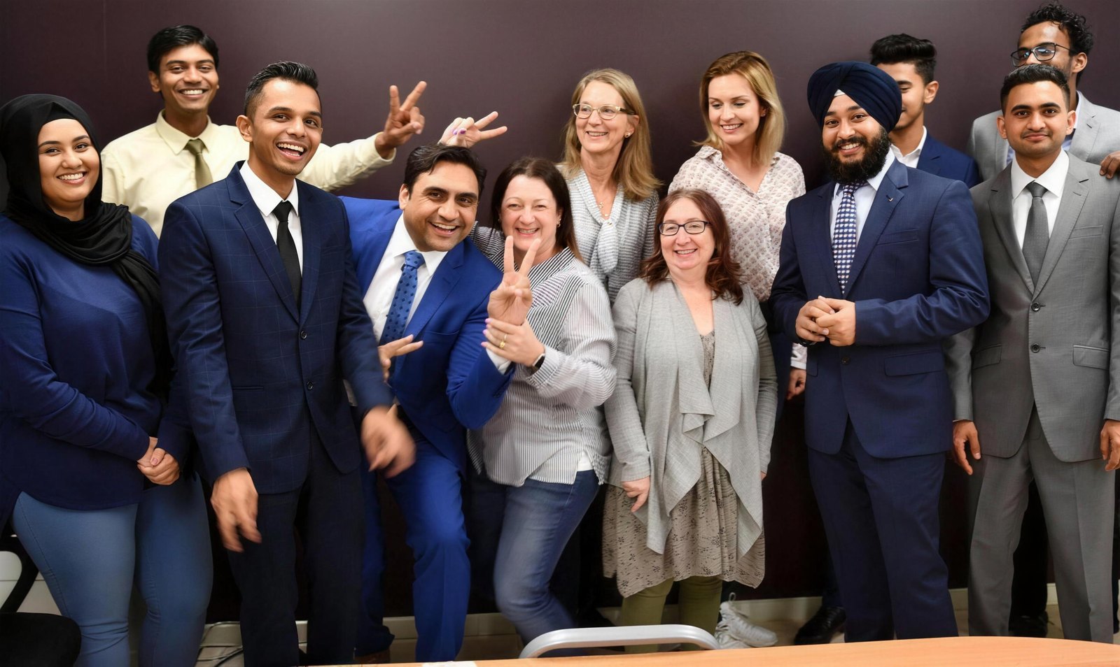 A diverse group of professionals pose for a celebratory photo, showcasing Sukh Sandhu's commitment to professional.