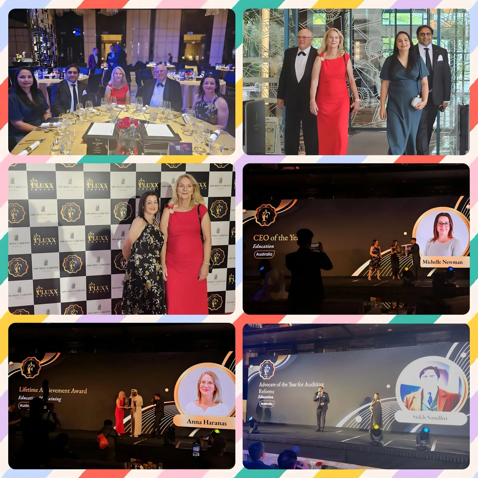 Attendees celebrate at an education awards gala with speakers and a branded backdrop, showcasing Sukh Sandhu's recognition.