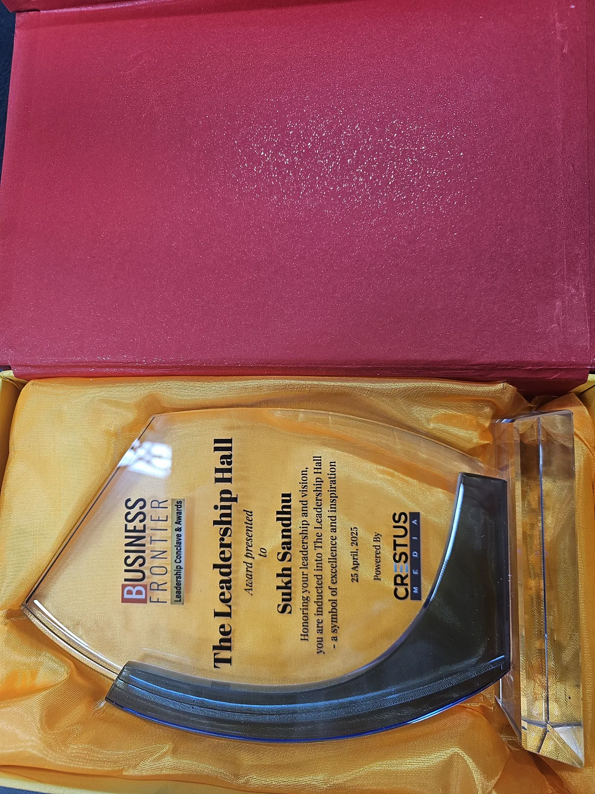 The Leadership Hall of Fame award presented to Sukh Sandhu by Business Frontier