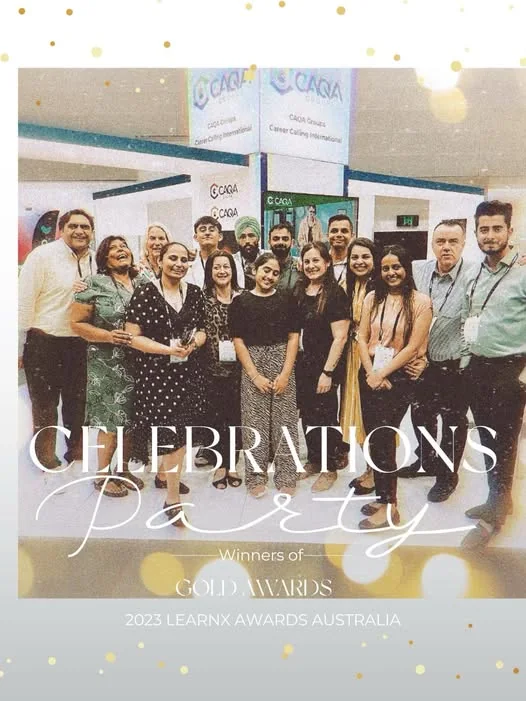 The Sukh Sandhu team celebrates winning gold awards at the 2023 LearnX Australia event, recognizing professional development.