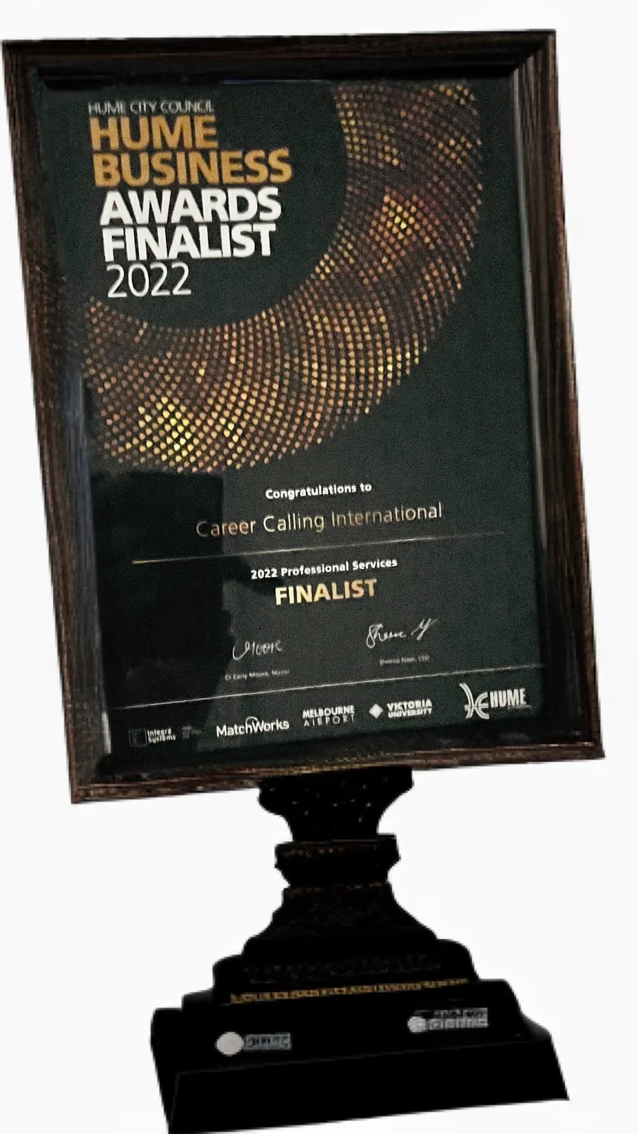 Hume City Council award recognizes Career Calling International as a Hume Business Awards finalist.