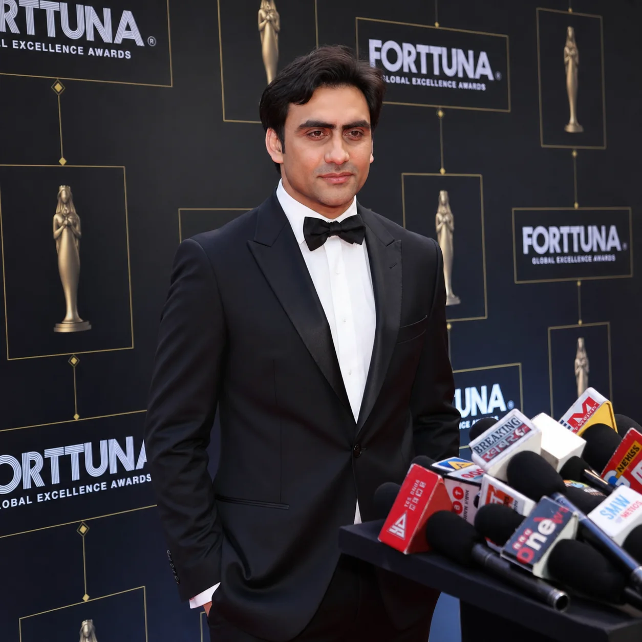 Sukh Sandhu poses with microphones at the Forttuna Global Excellence Awards, showcasing professional development and.