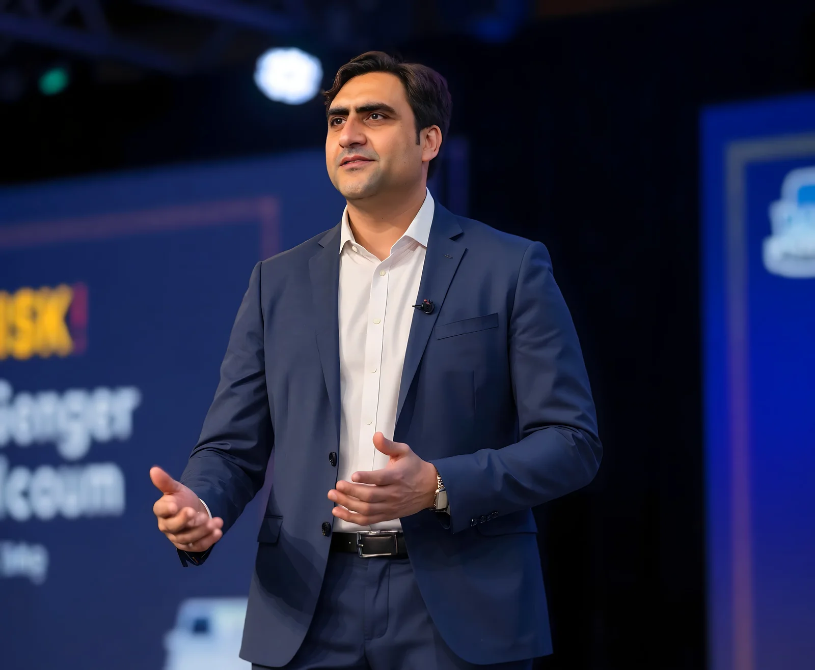 Sukh Sandhu speaks at a conference, sharing expertise in compliance services.