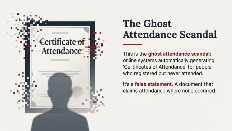 Attendance Scandal | Sukh Sandhu A graphic details a scandal where automated systems issued certificates of attendance to people who didn't participate.