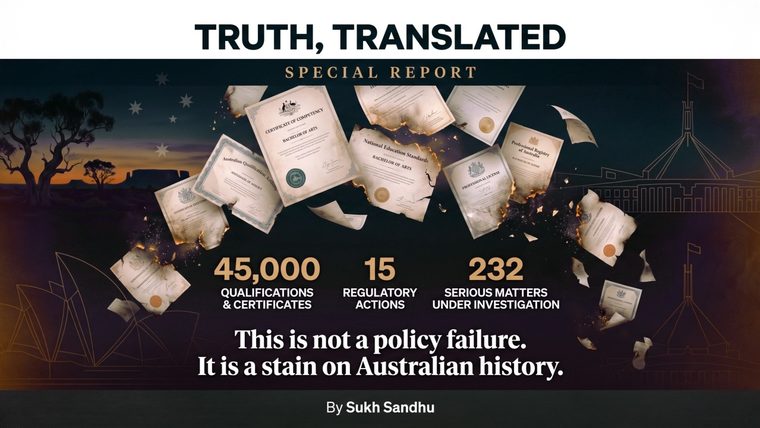 Australian Qualifications | Sukh Sandhu A graphic details a report on cancelled qualifications and regulatory actions in Australia, highlighting issues with.
