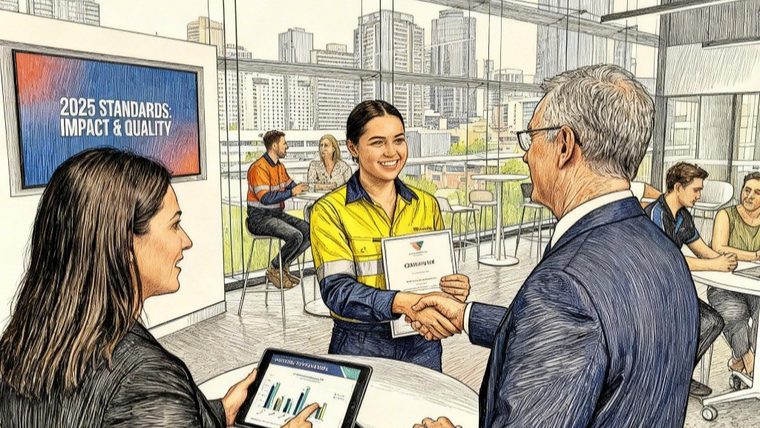 Certificate Presentation | Sukh Sandhu A woman receives a certificate from Sukh Sandhu in a modern office, highlighting quality assurance and professional.