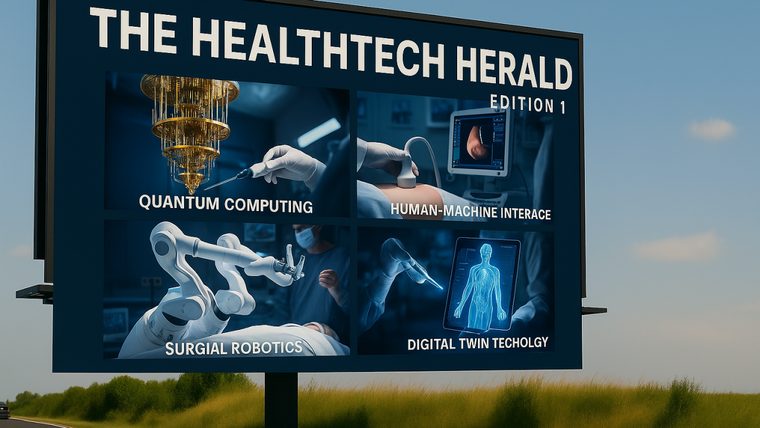 HealthTech Herald | Sukh Sandhu A billboard advertises The HealthTech Herald, highlighting emerging technologies like quantum computing and human-machine.