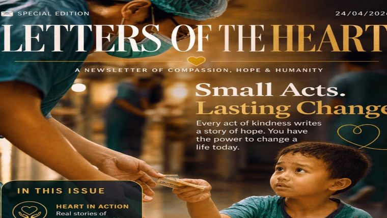 Newsletter | Sukh Sandhu A newsletter cover shows a person donating to a smiling child, representing compassion and humanity.