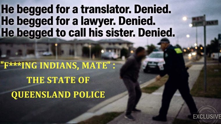 Queensland Police | Sukh Sandhu A police officer interacts with a man on a street at night, illustrating issues of compliance and access to legal support.
