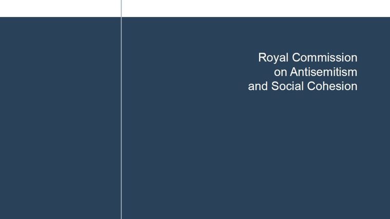 Royal Commission | Sukh Sandhu Document cover of the Royal Commission on Antisemitism and Social Cohesion, relating to governance.