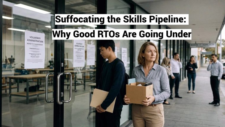 RTO Closures | Sukh Sandhu People are leaving an office with boxes, illustrating business closure and the impact on the skills pipeline.