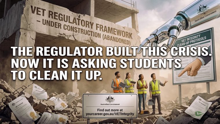 VET Integrity | Sukh Sandhu A graphic illustrates the need for vocational education integrity and compliance, showing a damaged regulatory framework.