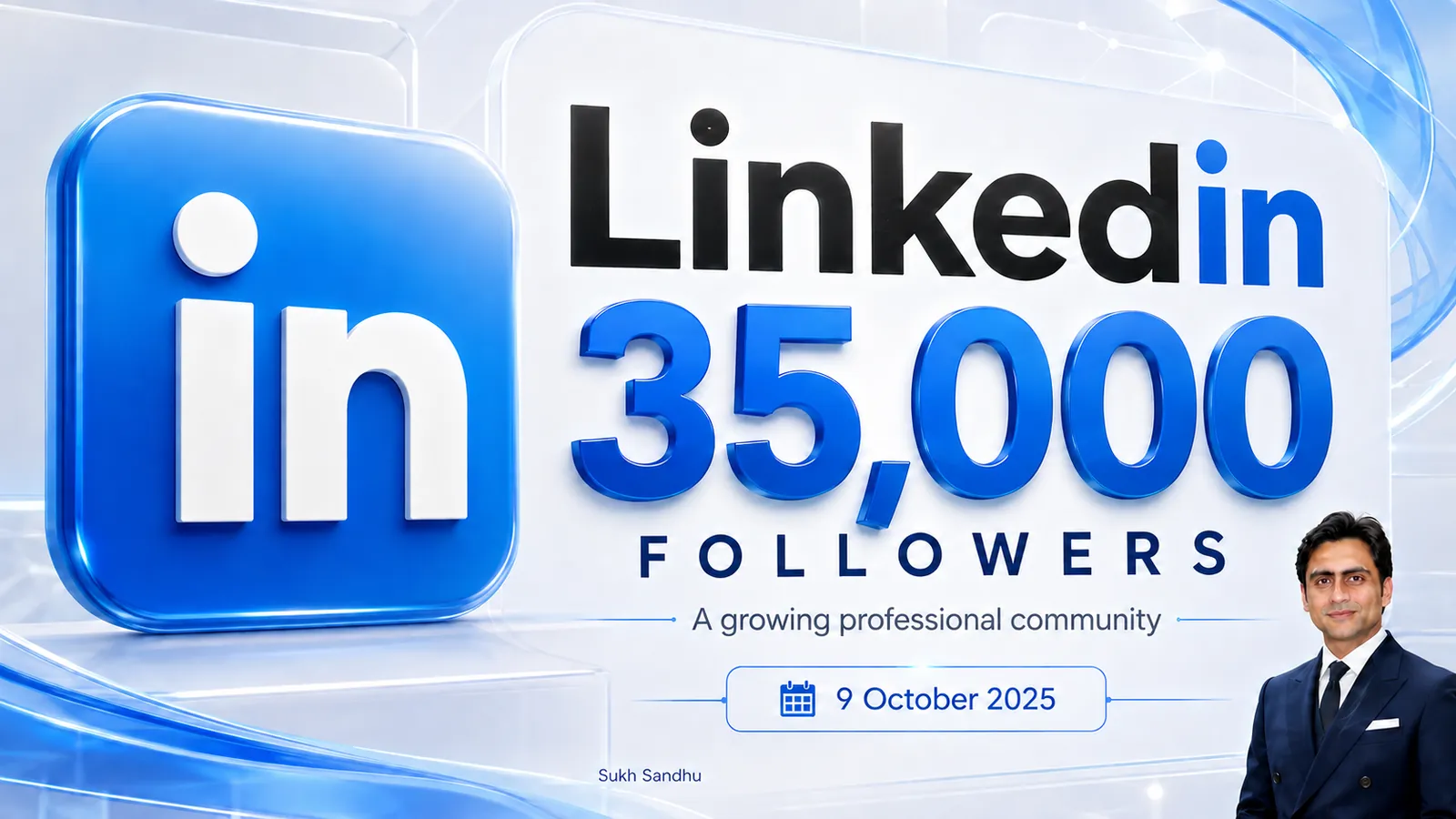 A graphic celebrates Sukh Sandhu reaching 26,500 Twitter followers after three years of connection and digital communication.