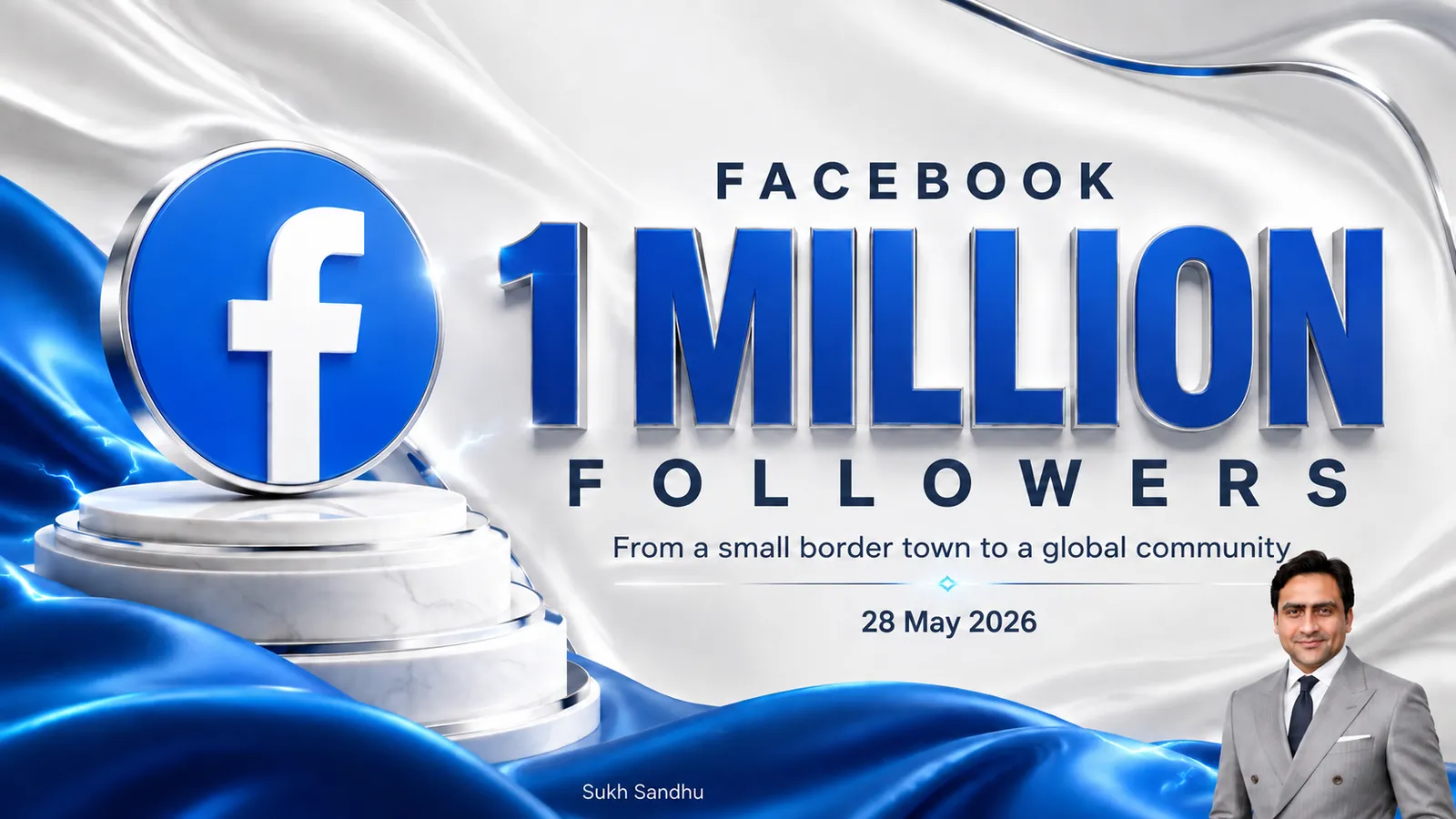 A graphic celebrates Sukh Sandhu reaching 26,500 Twitter followers after three years of connection and digital communication.