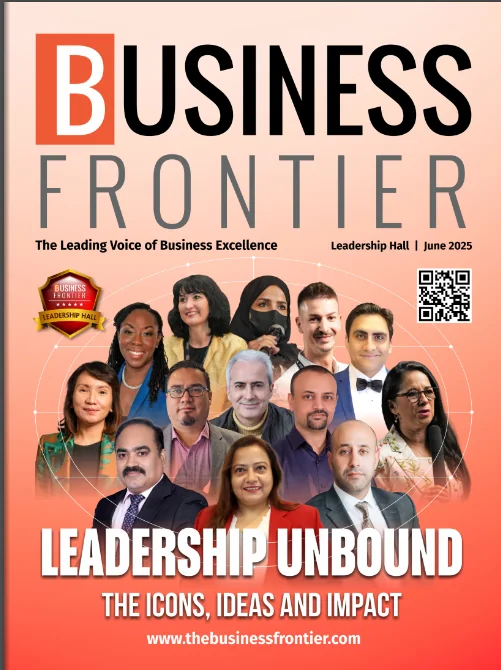 A cover of 'Business Frontier' magazine featuring business professionals and Sukh Sandhu, recognizing leadership in business.