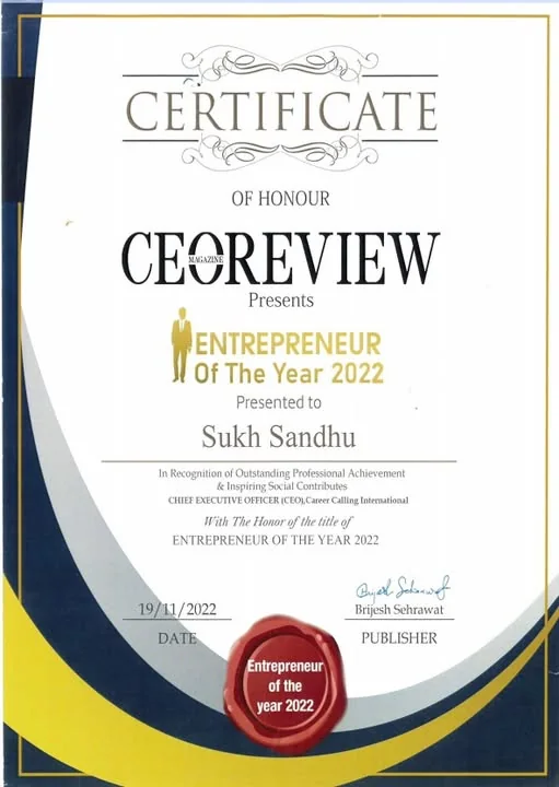 Sukh Sandhu receives the Entrepreneur of the Year 2022 award, recognising excellence in leadership and compliance services.