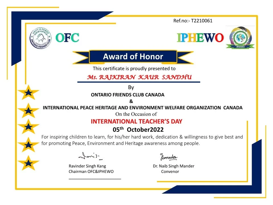 Sukh Sandhu received an Award of Honour from the International Peace Heritage and Environment Welfare Organization.