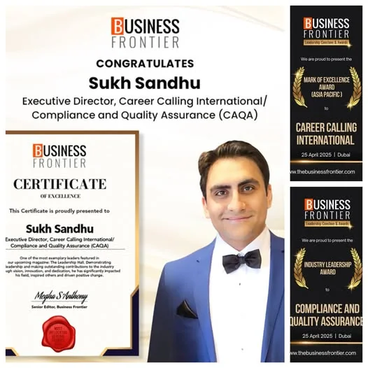 Certificate of excellence from the Business Frontier Leadership Conclave and Awards for Career Calling International and.