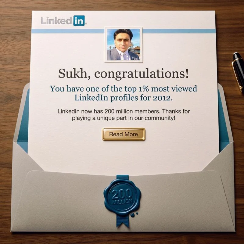 A screenshot shows Sukh Sandhu received a LinkedIn notification for being in the top 1% of profiles viewed in 2012.