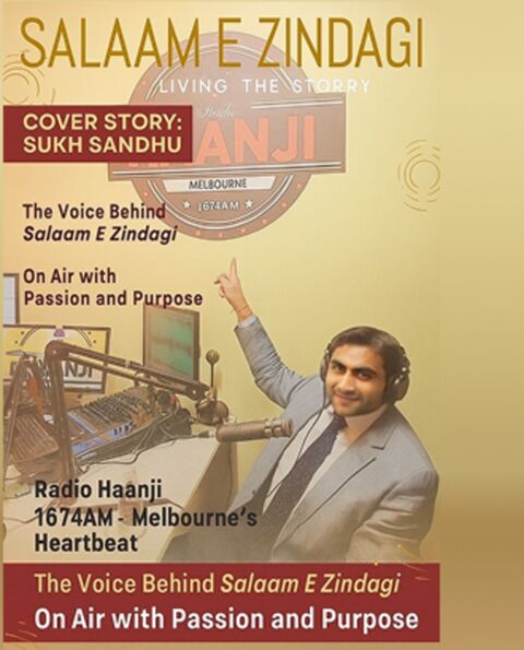 Sukh Sandhu on the cover of Salaam E Zindagi magazine while broadcasting on Radio Haanji, showcasing expertise in compliance.