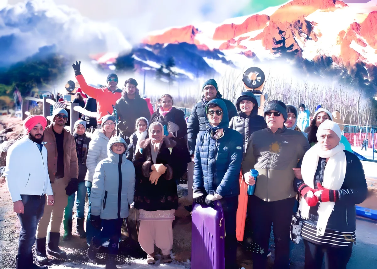 A group poses for a photo with snowy mountains, showcasing Sukh Sandhu's work in compliance.