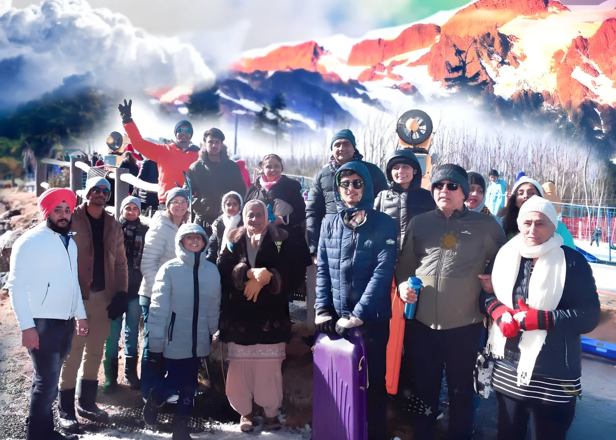 A large group poses for a photo with snowy mountains, showcasing Sukh Sandhu's work in compliance.
