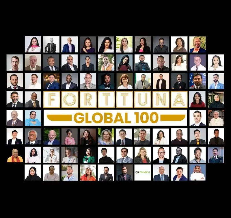 A collage showcases headshots of Fortuna Global 100 honorees, including Sukh Sandhu.