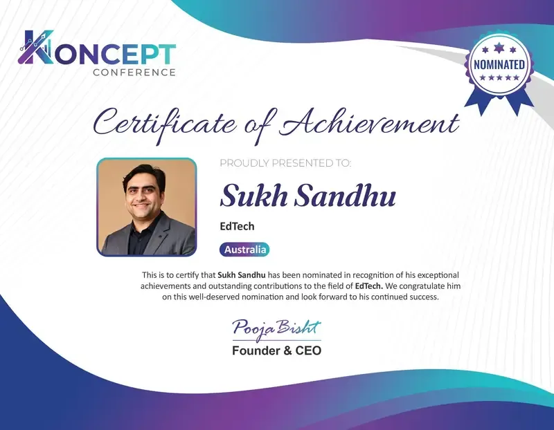 A Koncept Conference Certificate of Achievement recognizes Sukh Sandhu for EdTech contributions and quality assurance.