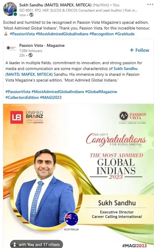 Sukh Sandhu featured on the cover of Passion Vista magazine as one of 'The Most Admired Global Indians' in 2023.