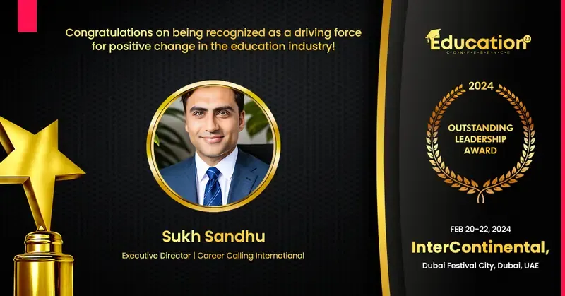 Sukh Sandhu receives an Outstanding Leadership Award at the Education Conference 2024 in Dubai, recognizing quality.