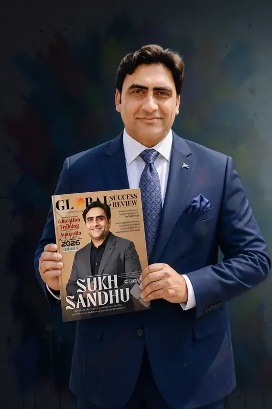 Sukh Sandhu featured on the cover of Global Success Review magazine, highlighting his work in education and compliance.