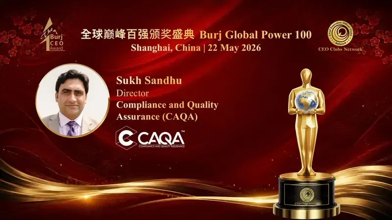 Sukh Sandhu receives the Burij Global Power 100 award in Shanghai, demonstrating expertise in compliance and quality.