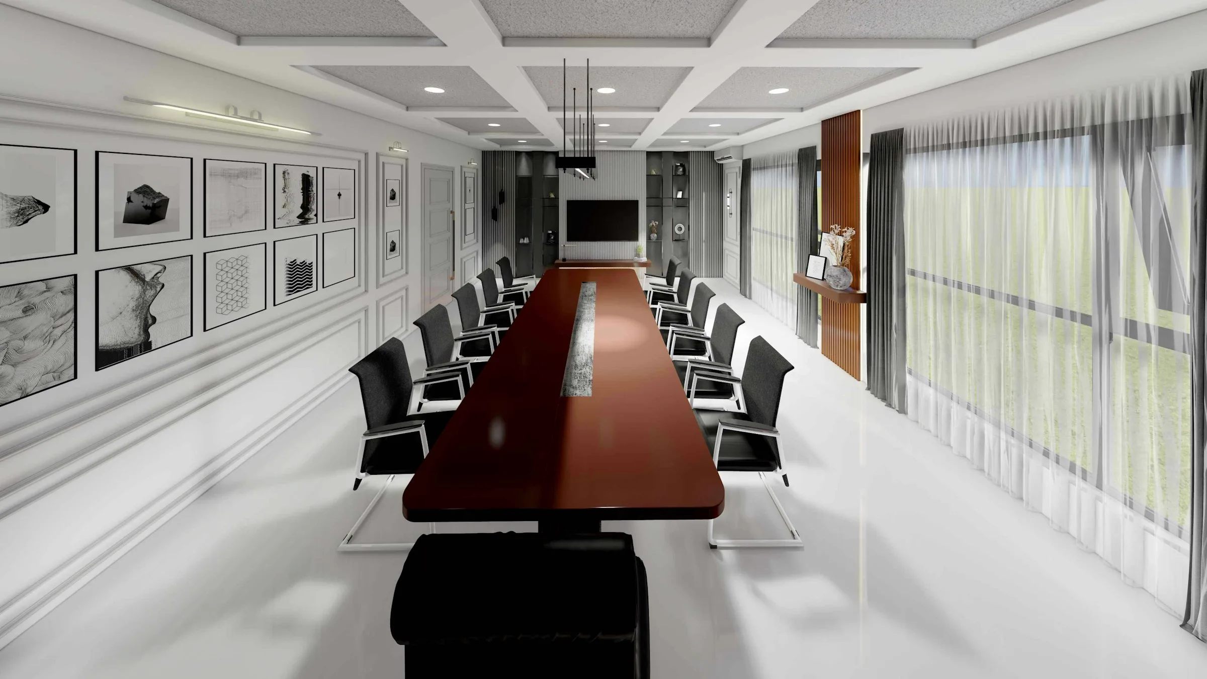 A long conference room with dark wood and leather chairs provides a setting for compliance discussions.