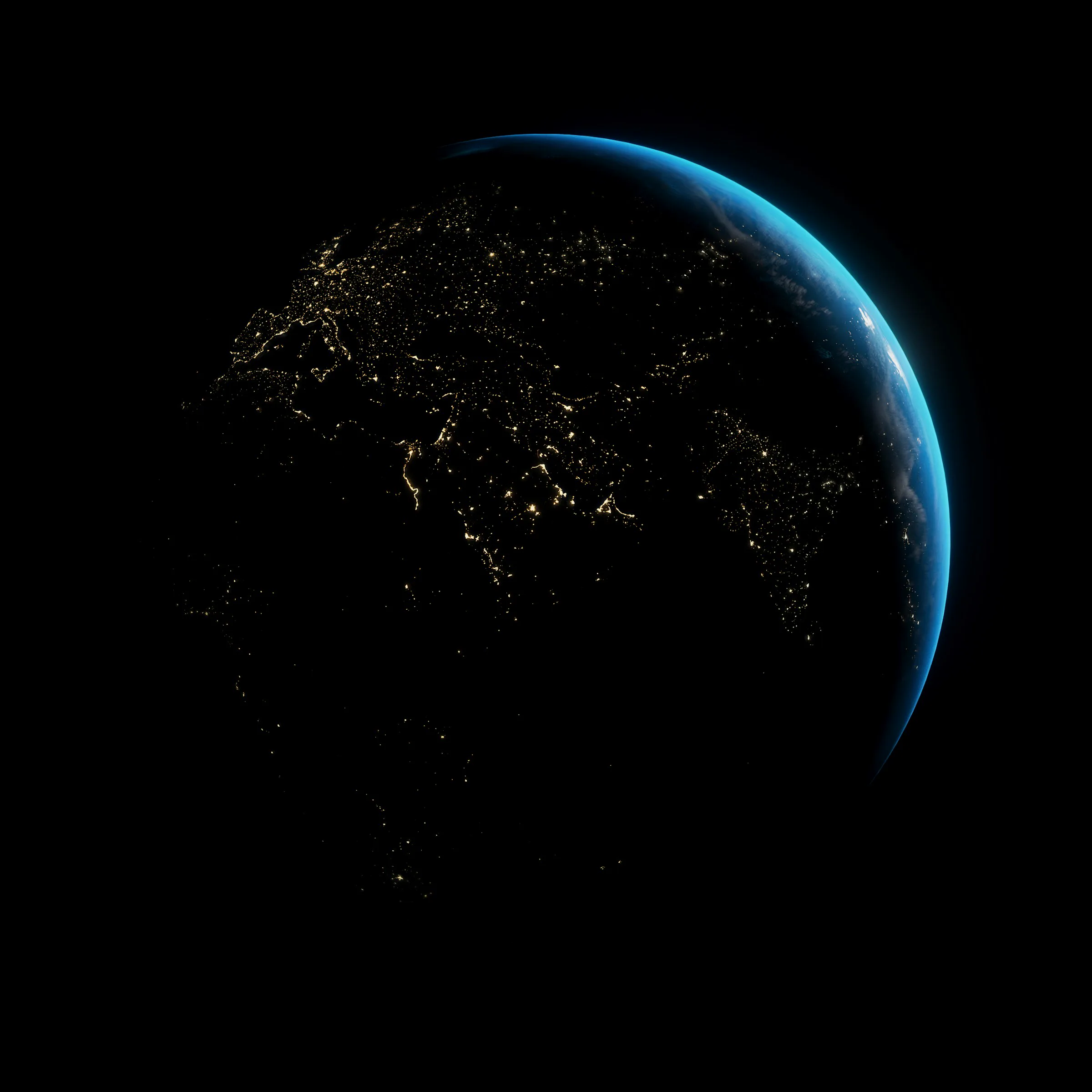 A nighttime view of Earth from space shows city lights and atmospheric glow, representing global compliance.