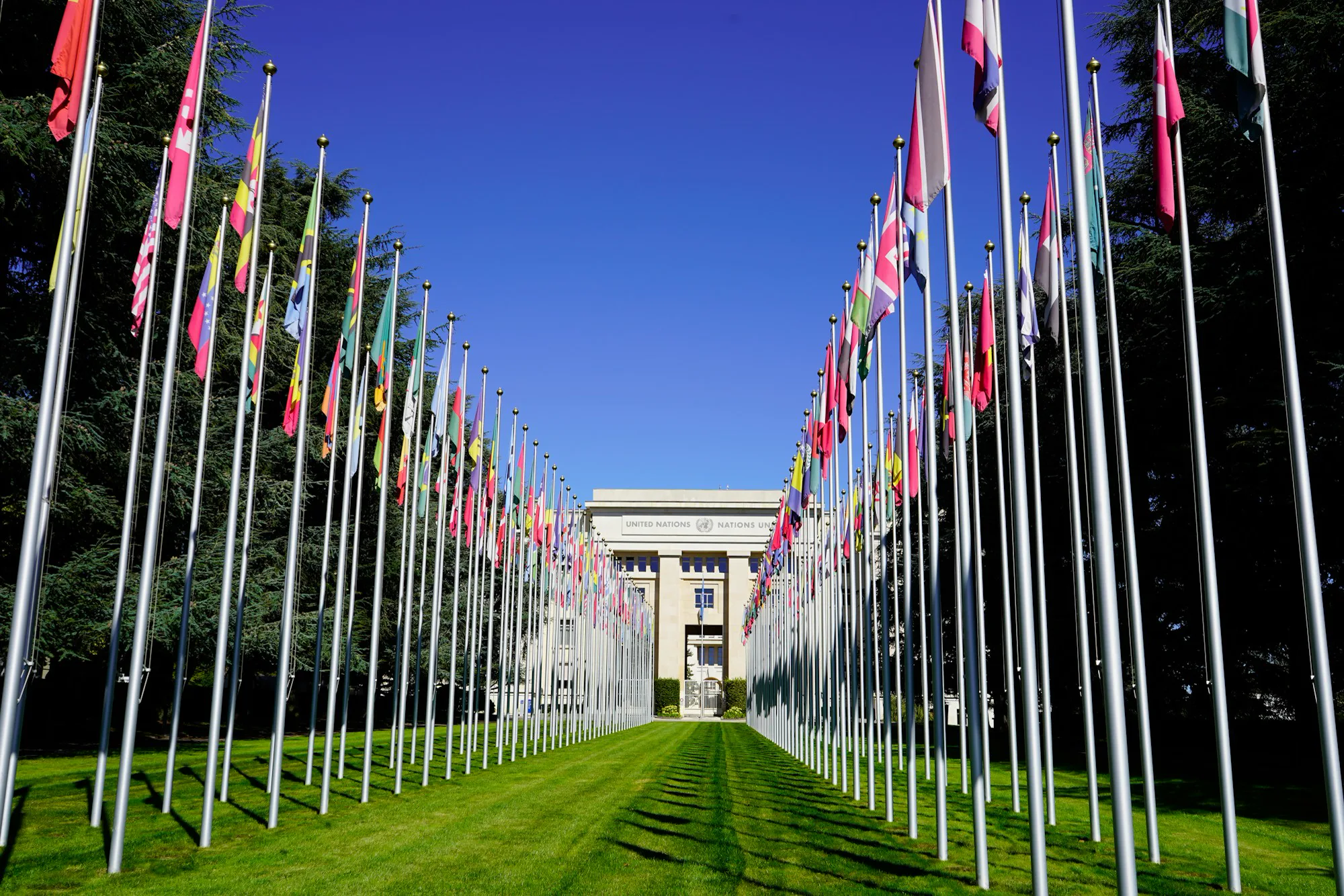 United Nations Office at Geneva | Sukh Sandhu Flags of member states fly outside the United Nations Office at Geneva, representing international diplomacy.