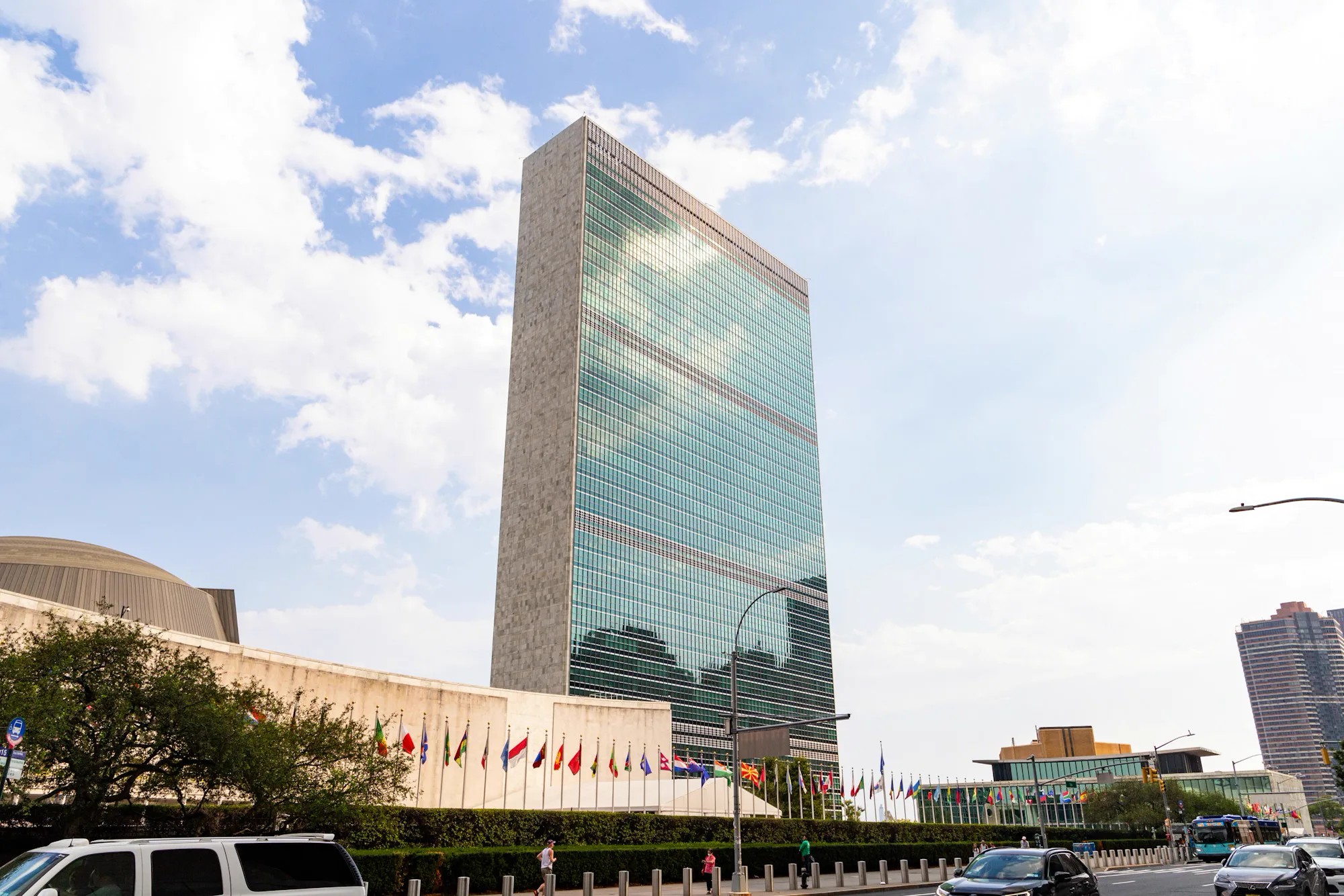 The United Nations Headquarters complex in New York City, demonstrating Sukh Sandhu's role as a UN Representative.
